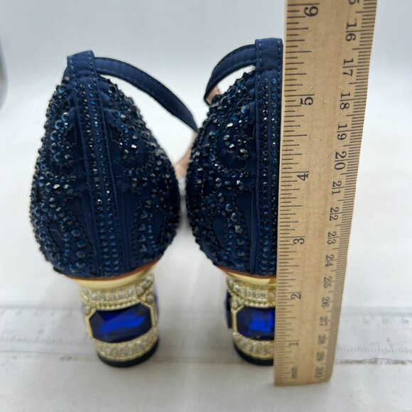 XYD Navy Bridal Ankle Strap Peep Toe Rhinestone Studs Block Low Heel Sandal - Picture 5 of 8